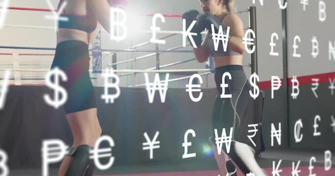 Camera rising as currency symbols drifting partly covering fighters, two women sparring boxing