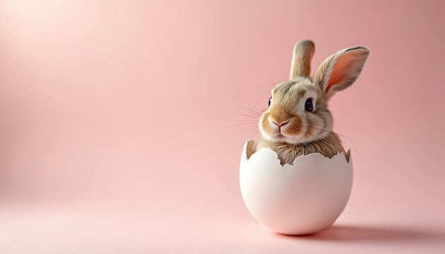 Cute bunny rabbit peeks out of cracked white eggshell. Small fluffy animal with long ears sits in pastel pink background. Spring holiday symbol, new life. - Powered by Adobe
