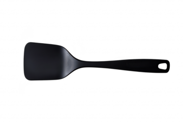 A sleek black spatula rests on a clean white surface. its smooth design and functional shape. ideal for cooking or kitchen-related projects
