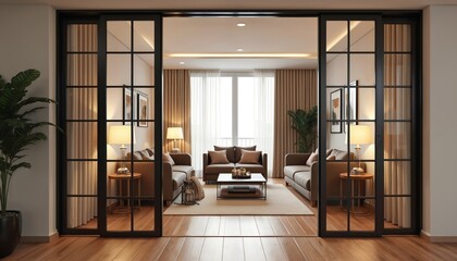 Contemporary living area features glass doors dividing spacious room. Warm tones, natural materials create cosy atmosphere with sofa, wood flooring, decorative lamps. Large window offers city views