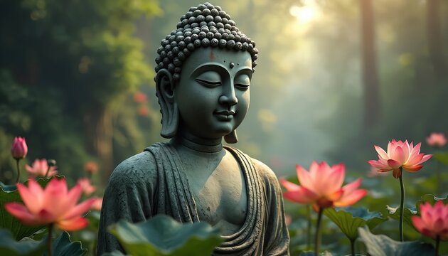 Stone Buddha statue meditating in garden among pink lotus flowers. Serene illustration of religious figure with closed eyes. Illustration about zen spirituality and peace. - Powered by Adobe