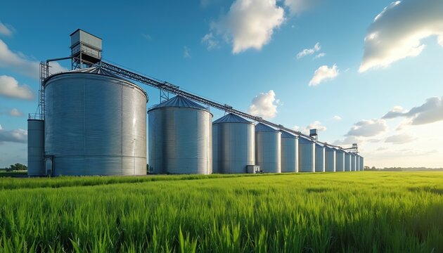 Row of modern agricultural silos on green field under blue sky. Tall metal grain bins used for crop storage and harvesting. Rural agribusiness facility stores farm produce. - Powered by Adobe
