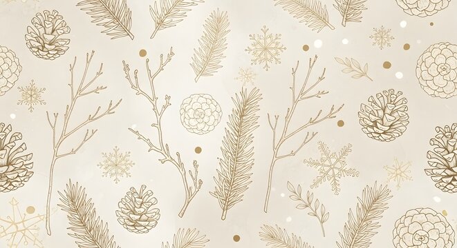 A vintage-style, sepia-toned illustration featuring pine cones, pine needles, bare branches, and snowflakes on a textured background.