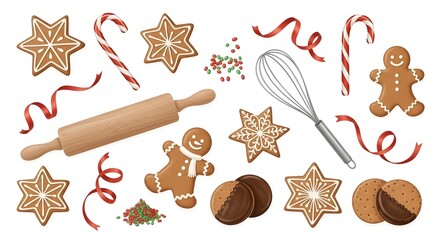 Festive assortment of Christmas cookies, candy canes, and baking tools on white background.