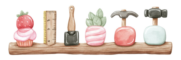 Colorful Carpenter Tools and Art Supplies on Wooden Plank with Isolated Background