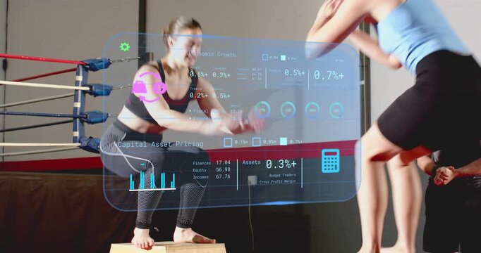 Woman doing plyobox steps and medball box jumps for fitness on coach cue, HUD overlaying performers