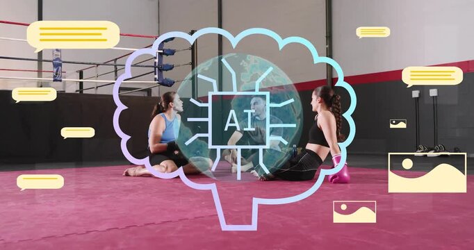 Coach gesturing and speaking initiating AI globe and brain popping over boxing duo checking gloves