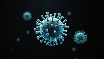 Illustration of coronavirus particle floating on black background. Microscopic image shows the structure of virus with its spike proteins. Concept of disease. Science and health.