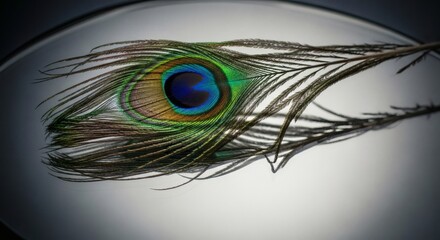Obraz premium Reflected Peacock Feather: Elegant Iridescent Eye on a Curved Glossy Surface with Vignette for Modern Design
