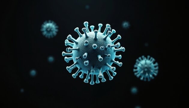 Illustration of coronavirus particle floating on black background. Microscopic image shows the structure of virus with its spike proteins. Concept of disease. Science and health.