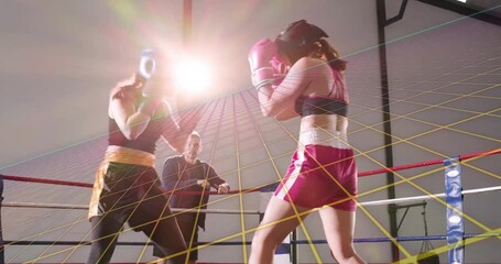 Female boxers sparring in boxing, pink-gloved boxer pressing to score, yellow-grid lensflare