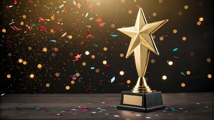 Golden star trophy with confetti and bokeh lights on dark background, celebration of achievement, award ceremony concept, success recognition, victory moment, winner spotlight, festive honor event