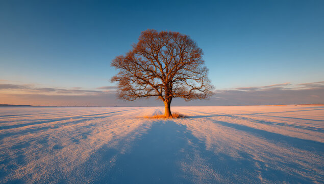 Solitary tree stands in snowy field under clear blue sky, creating serene winter landscape
