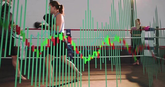 Boxer stepping forward, punching trainer mitts while finance candlestick overlay rising, training - Powered by Adobe