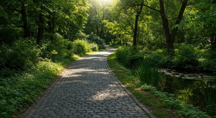 Fototapeta premium Serene Cobblestone Path Through Lush Green Forest