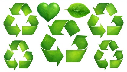 Obraz premium Digitally created collection of green recycled symbols and leaf-like elements