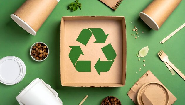 Eco-friendly food packaging and utensils arranged around a recycling symbol on green background - Powered by Adobe