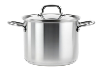 A shiny stainless steel cooking pot with a lid. placed on a clean surface. its sleek design and functionality. ideal for culinary uses in kitchens or cooking demonstrations