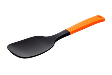 A sleek. modern spatula with a black head and orange handle. resting on a clean white background. ideal for kitchenware advertising or cooking-related content