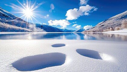 A serene winter landscape featuring a vast, frozen lake reflecting the bright sun and blue sky. Snow-covered mountains and trees line the background, with footp