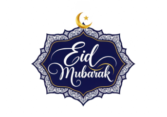 Elegant eid mubarak calligraphy design with crescent moon and star isolated on transparent background