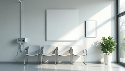 Modern hospital waiting room featuring four chrome chairs, blank white poster on wall. Natural light streams through large window illuminating space with clean lines, minimalist design. Potted plant