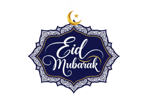 Elegant eid mubarak calligraphy design with crescent moon and star isolated on transparent background