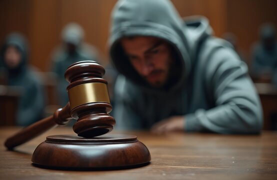 Gavel sits on courtroom table before hooded figure. Man faces judgment. Legal system proceedings, crime, justice, sentencing, and guilt evident in court.