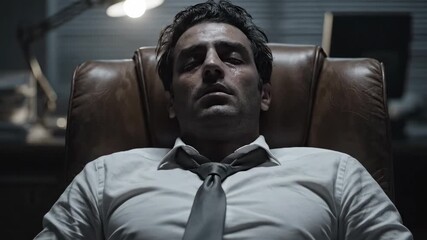 Defeated businessman experiencing burnout and exhaustion in a corporate office - video