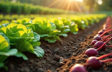Rows of fresh green lettuce and red beets grow in fertile soil under golden sunbeams. This organic farm promises healthy produce and bountiful harvest.