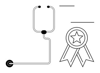 Medical blood donation bag linked via tubing, paired with a star-shaped award ribbon. Ideal for health, donation, achievement, recognition, medical success, charity social impact. Simple flat