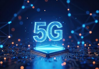 Conceptual 5g technology symbol glowing above a microchip on a dark background with network connection lines