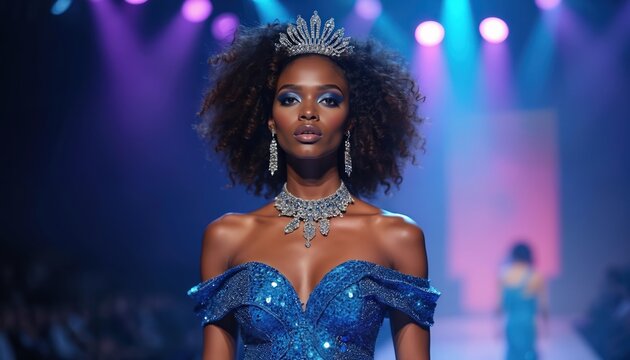 African female model presents blue dress on runway. Woman poses in crown, necklace, earrings at fashion show. Chic girl shows luxury look with afro hair and dark skin.
