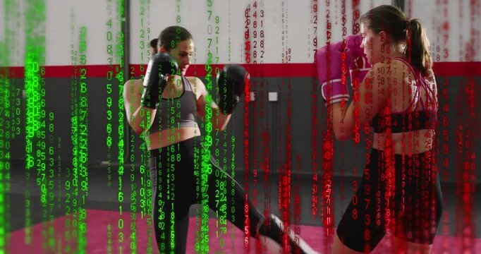 Two women boxing on red mat, pink-glove kick starting jab combos for drill, overlay obscuring women