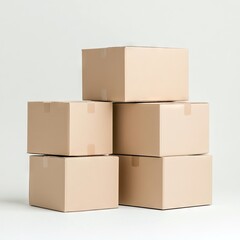 A pyramid stack of six plain, brown cardboard boxes arranged against a clean white background. The lighting is bright and even, creating a minimalist and organi