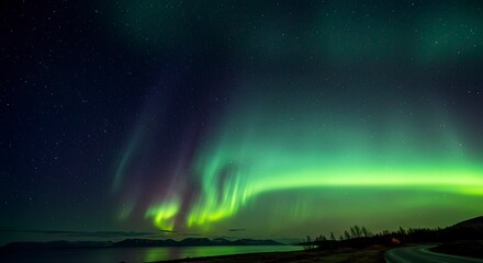 Obraz premium Stunning Aurora Borealis Over Starry Night Sky and Lake