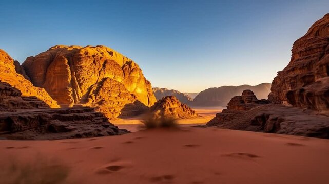 Arid landscape featuring towering sunlit rock formations and a vast sandy foreground under a clear sky