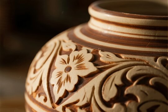 Close-up of intricately carved ceramic vase with floral and scroll patterns