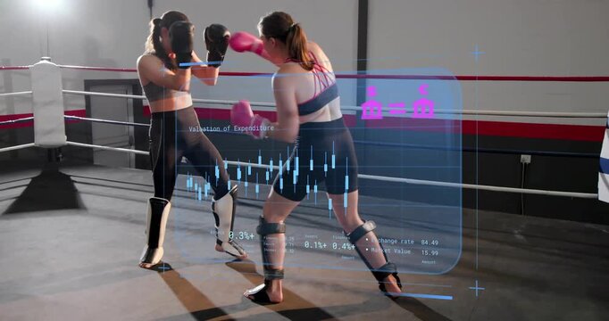 Right fighter initiating front kick in ring, left fighter checking, HUD monitoring training metrics