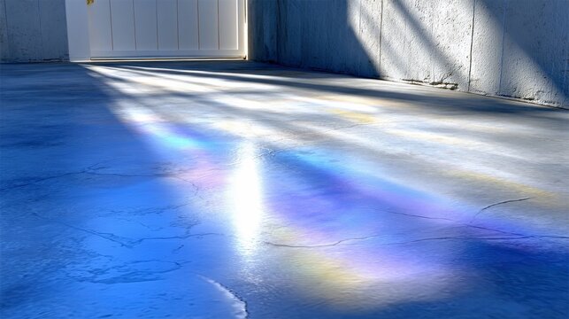 Sunlight streaming through a window, casting rainbow reflections on a concrete floor. The light creates a vibrant spectrum of colors on the textured surface, wi