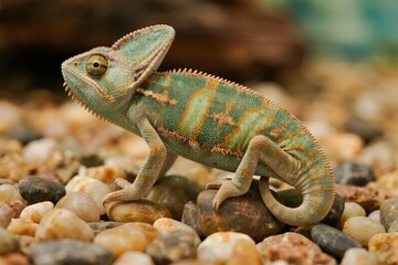 A chameleon with green and orange patterns rests on pebbles in a naturalistic setting.