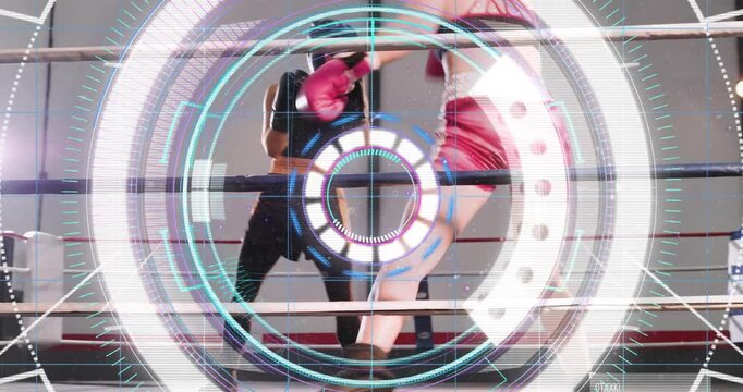 Red boxer advancing and throwing jabs, two boxing pros clinching ropes, HUD overlaying, sparring