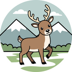 Cute Reindeer (Rangifer Tarandus) Standing With Snowy Mountain Background - Animal Character Illustration on Round Background