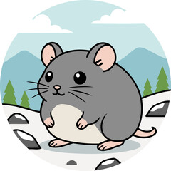 Cute European Snow Vole (Chionomys Nivalis) Sitting On Snowy Ground, Mountain Rodent Animal Character In Circular Badge Clipart Isolated On Transparent Background