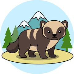Cute Wolverine Standing With Mountain Forest Background, Northern Predator - Animal Character Illustration on Round Background