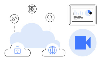 Key elements include clouds, lock, video, globe, and dashboard. Ideal for technology, data storage, security collaboration communication analytics and innovation themes. Simple flat metaphor