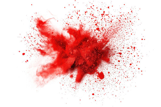 A explosion of red powder creating a dramatic visual effect. set against a white background. ideal for artistic projects or dynamic promotional materials