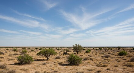 Vast Arid Landscape with Scattered Trees and Wispy Clouds