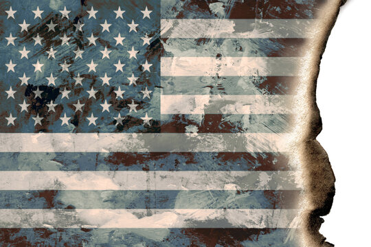 Rustic burnt American flag isolated background.