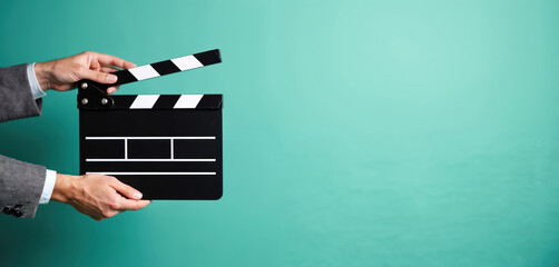 Businessman holds film slate on teal backdrop. Clapboard open signifying start of filming. Image represents movie production, filmmaking, entertainment industry. Ideal for creative projects media